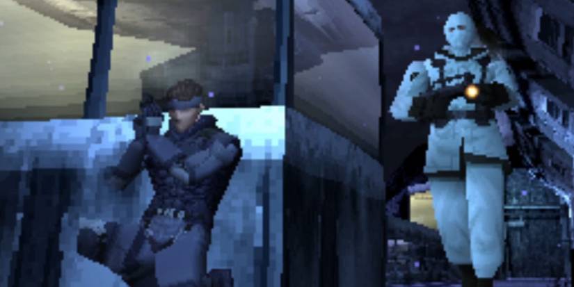 Snake hiding from a guard in Metal Gear Solid