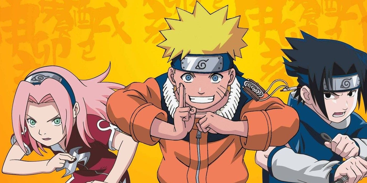 A banner for Naruto, featuring Naruto, Sakura and Sasuke.