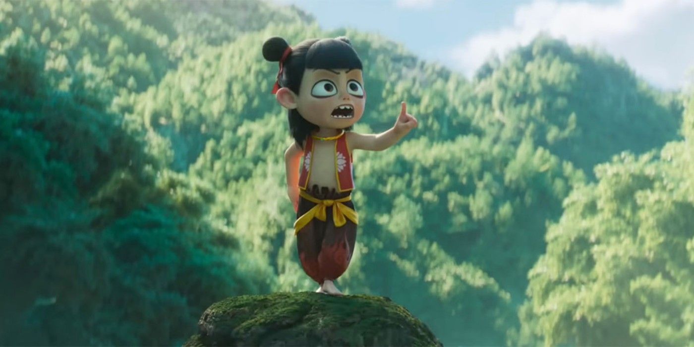 A demon standing on a rock in the forest holding up one finger in Ne Zha 2