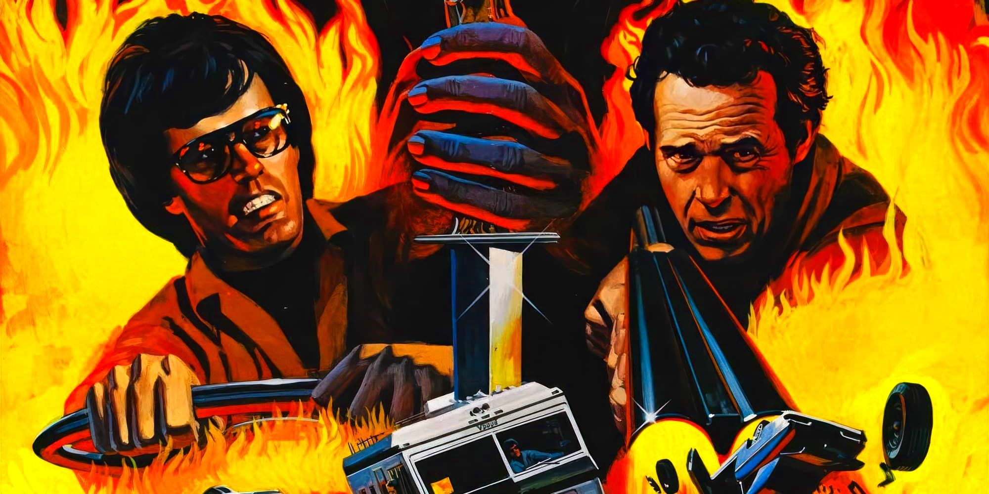 An illustrated poster of Race With The Devil, with Roger and Frank, played by Peter Fonda and Warren Oates, driving and shooting a gun.