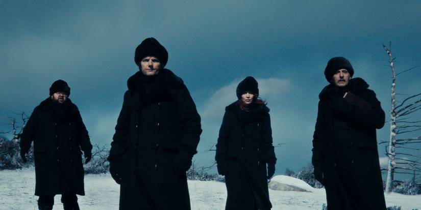 Zach Cherry, Adam Scott, Britt Lower, John Turturro in Severance Season 2 Episode 4 in a snowy scene.