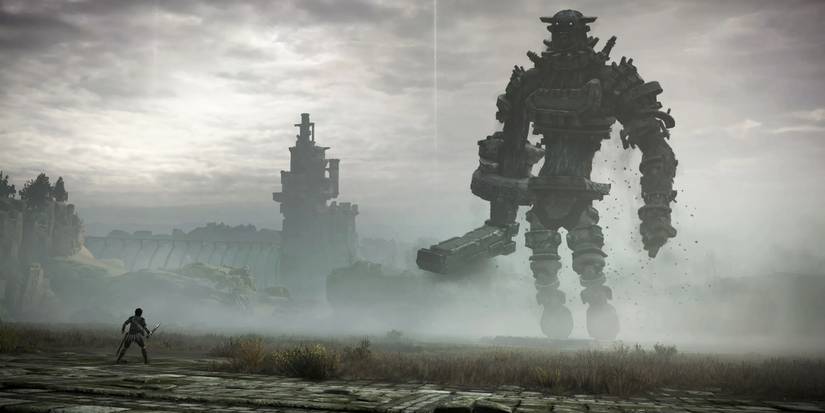 A warrior fighting a massive titan in Shadow of the Colossus