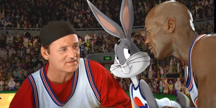 Bill Murray, Bugs Bunny, and Michael Jordan talk in a huddle on the basketball court in Space Jam.
