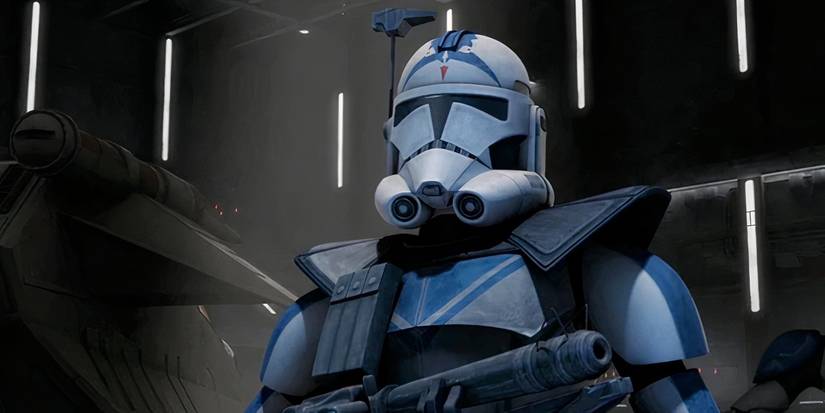 A storm trooper, Fives from 'Star Wars: The Clone Wars' in full armor holding a weapon.