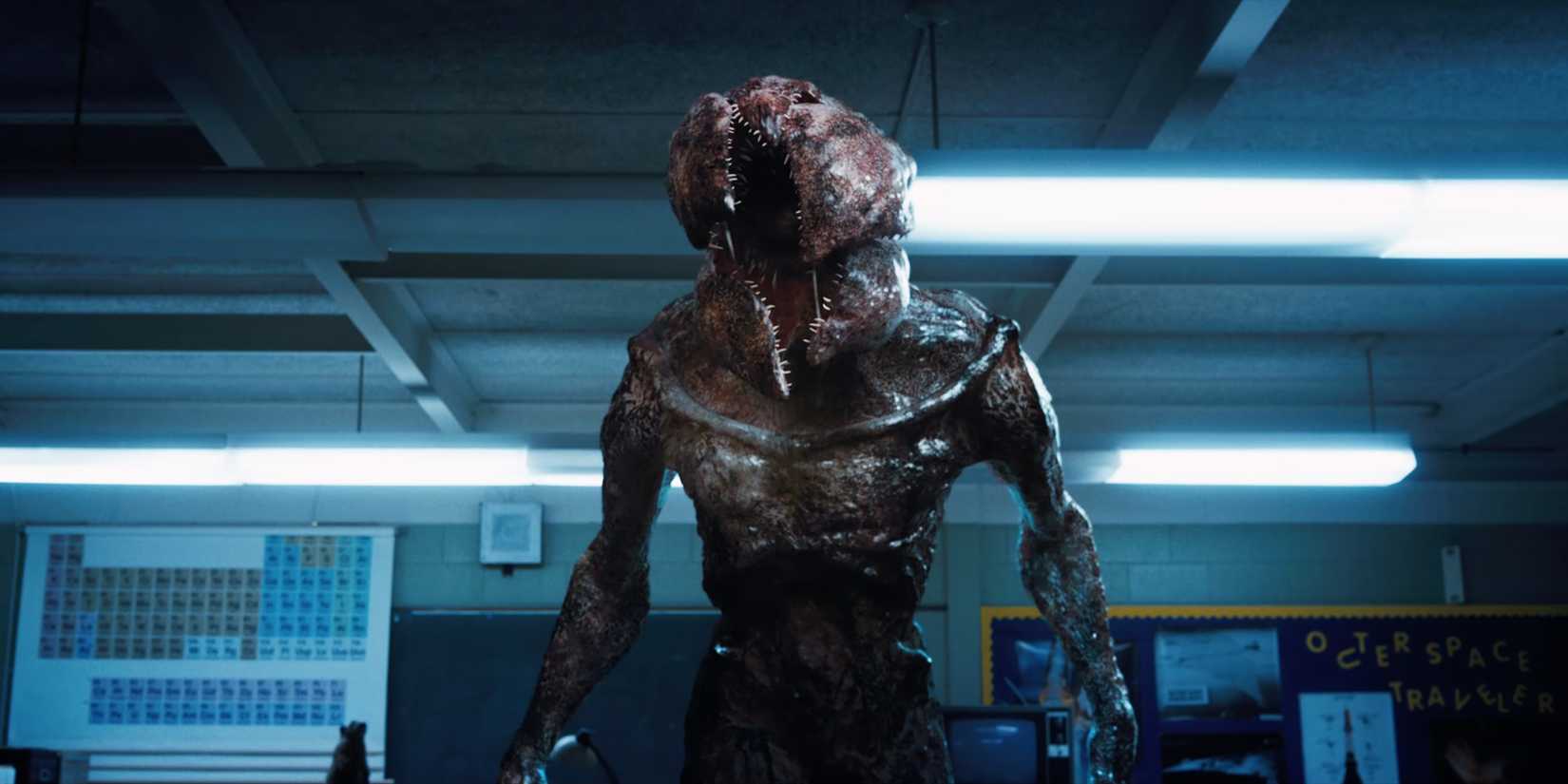 A demogorgon walks forward with its mouth partially open in 'Stranger Things'.