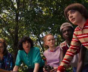 Eleven, Mike Wheeler, Max Mayfield, Lucas Sinclair and Will Byers sit by each other in 'Stranger Things'.