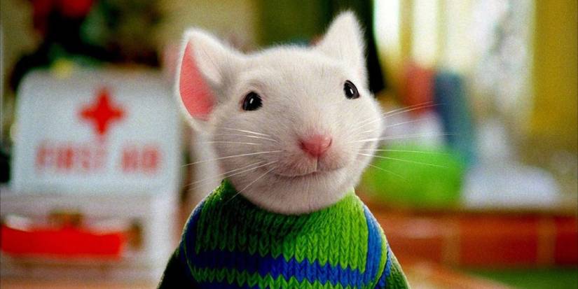The tiny, white mouse Stuart smiles sweetly, wearing a green and blue knitted sweater in Stuart Little