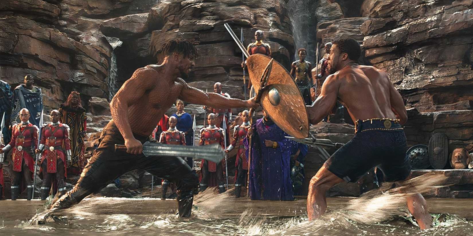 T'Challa (Chadwick Boseman) and Killmonger (Michael B. Jordan) fighting in Black Panther.