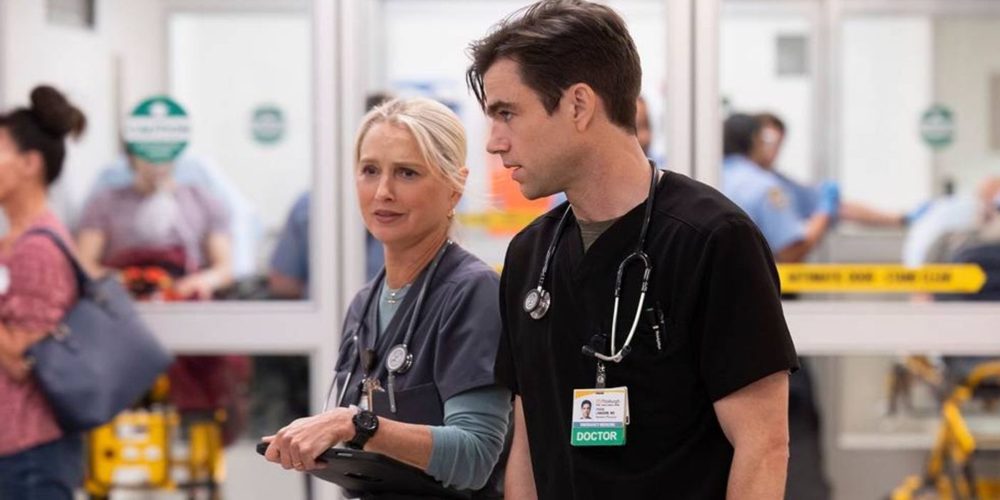 Nurse Evans and Dr. Langdon stand in scrubs in the ER in &lsquo;The Pitt&rsquo;.