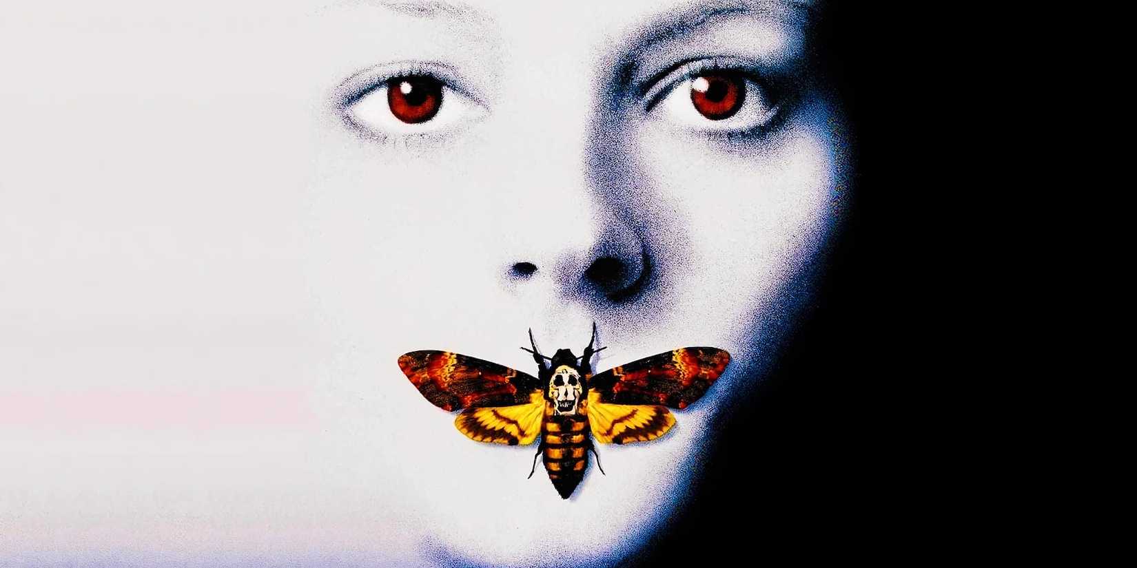 A white image of a woman's face with a moth over the mouth for a poster of The Silence of the Lambs.
