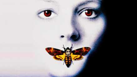 A white image of a woman's face with a moth over the mouth for a poster of The Silence of the Lambs.
