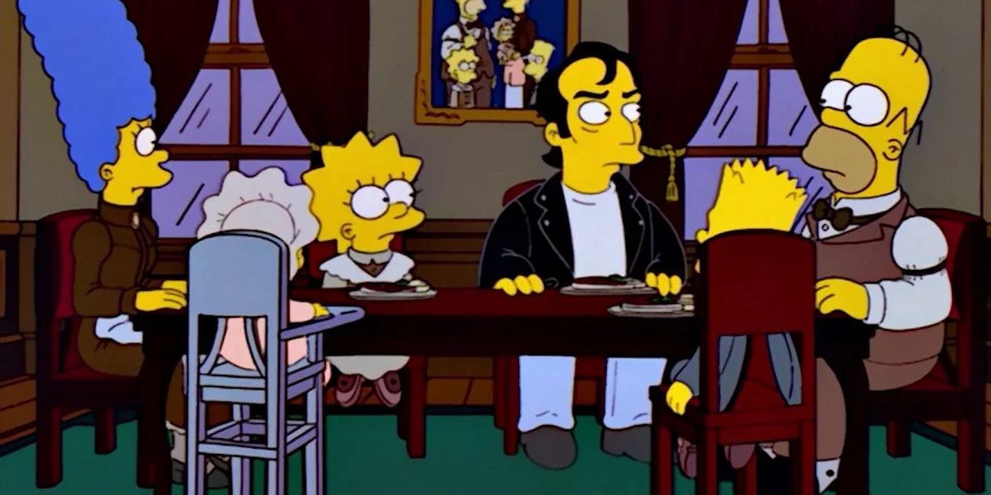 The Simpsons and Squiggy (David Lander) seen sitting around the table in "Helter Shelter"