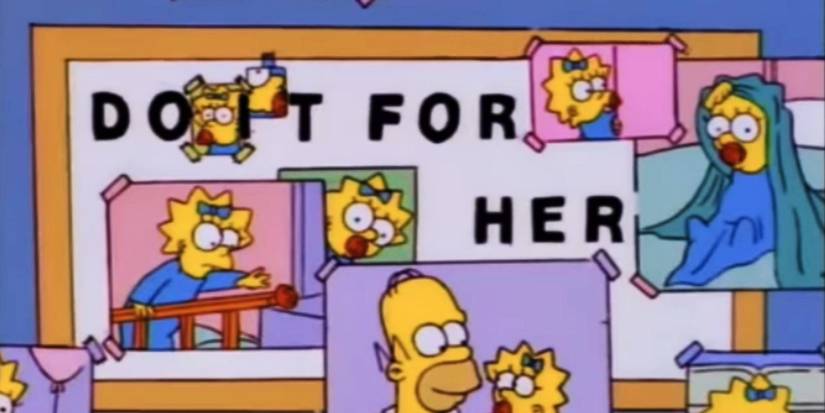 Clipped photos of Maggie Simpson (Nancy Cartwright) on a board that now reads "Do It For Her" in The Simpsons