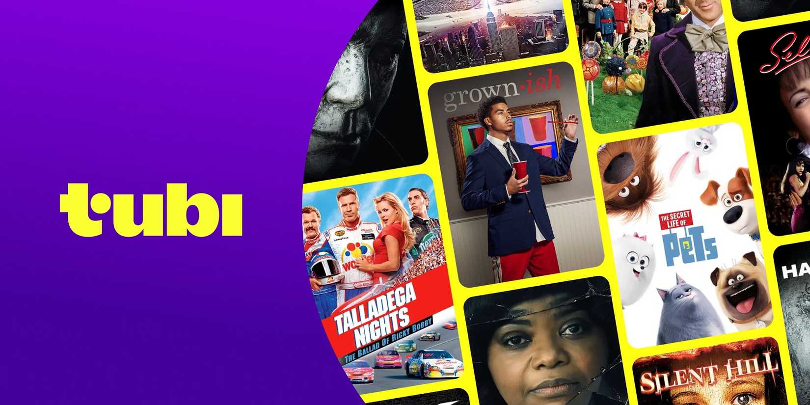 Graphic showing the purple and yellow Tubi logo and titles like Brownish and Secret Life of Pets you can find on the platform