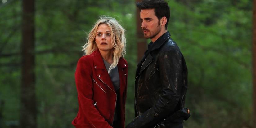 Jennifer Morrison and Colin O'Donohue standing close together outdoors in Once Upon a Time.