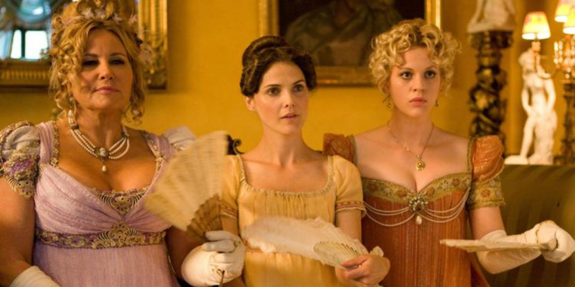Jennifer Coolidge, Keri Russell, and Georgia King holding fans in Austenland