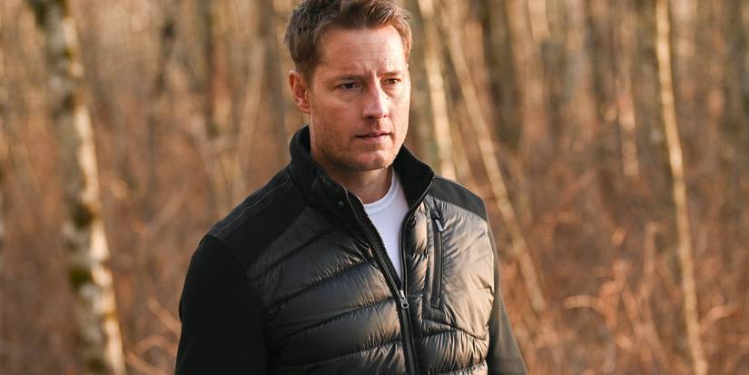 Justin Hartley as Colter Shaw in the woods on 'Tracker.'