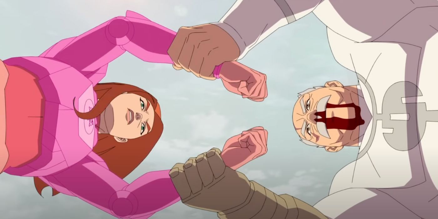 Atom Eve (Gillian Jacobs) fighting Conquest (Jeffrey Dean Morgan) in 'Invincible'