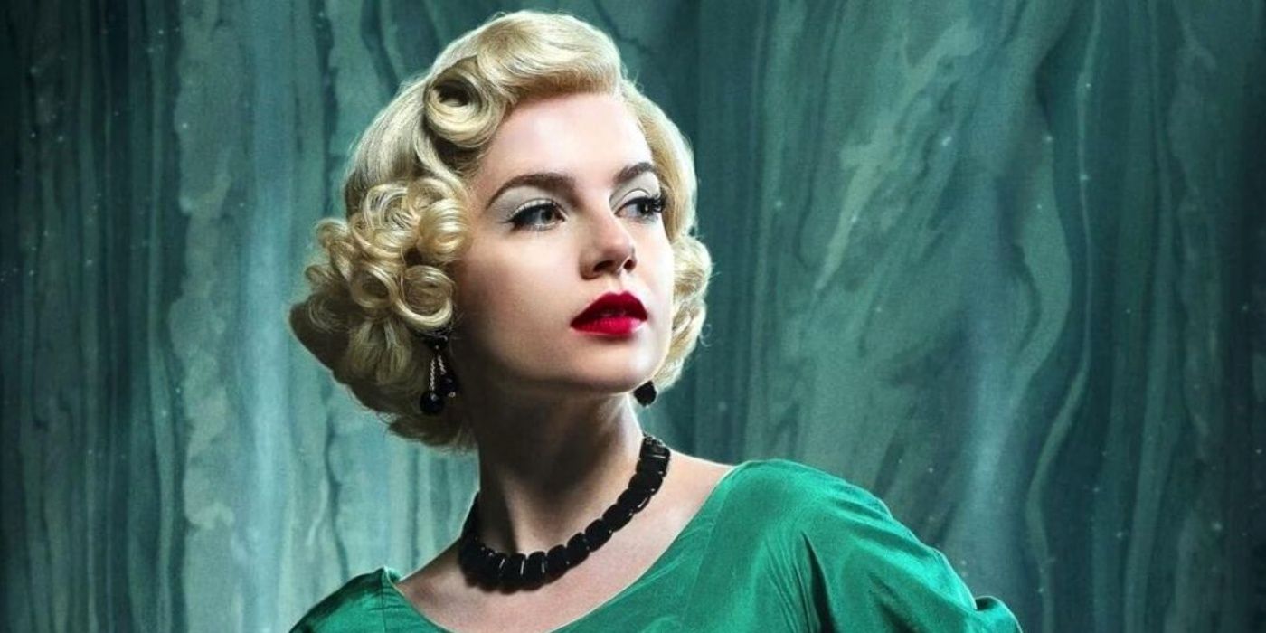 Lucy Boynton as Ruth Ellis in a green dress with her hair and makeup done in A Cruel Love: The Ruth Ellis Story