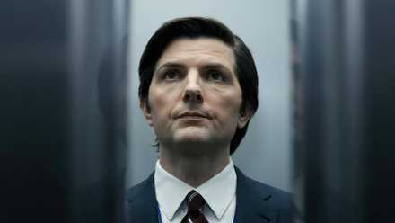 Adam Scott as Mark Scout in the elevator in Severance