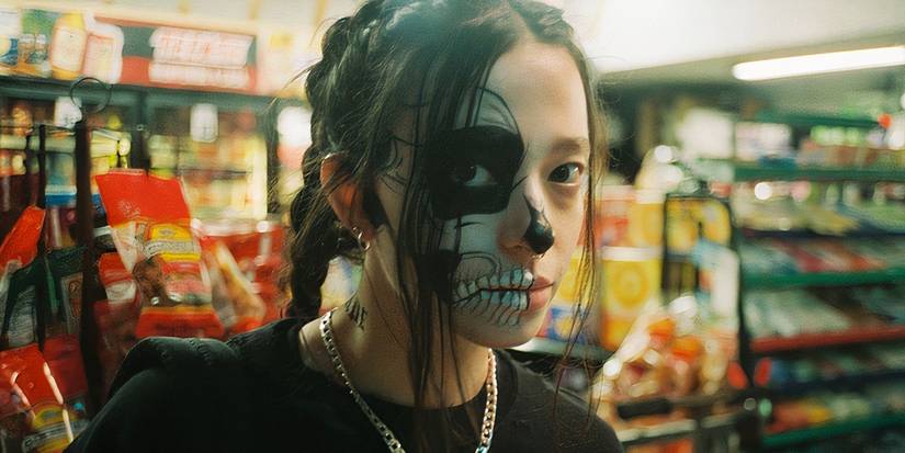 A young girl with skull makeup in a local store in All Souls