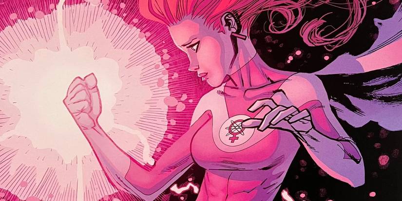 Atom Eve charging power in her fist in space in Invincible