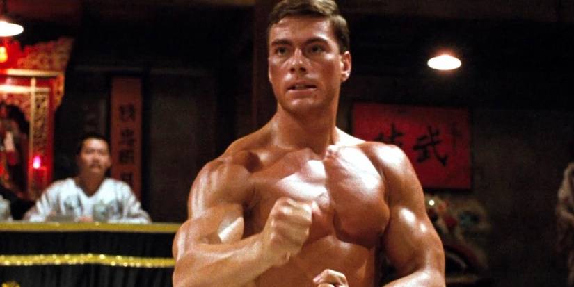 Shirtless Jean Claude Van Damme on the fight ring in Bloodsport Kumite