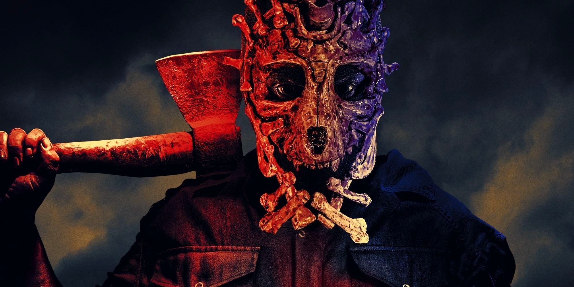 A figure in black overalls wearing a bloody mask made of bones rests the blade of an ax on their shoulder in Bone Face.