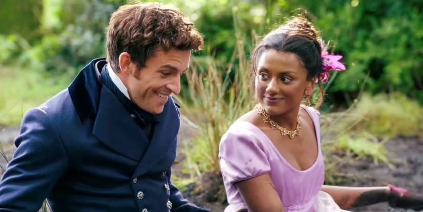 Anthony (Jonathan Bailey) and Kate (Simone Ashley) looking amused in 'Bridgerton'