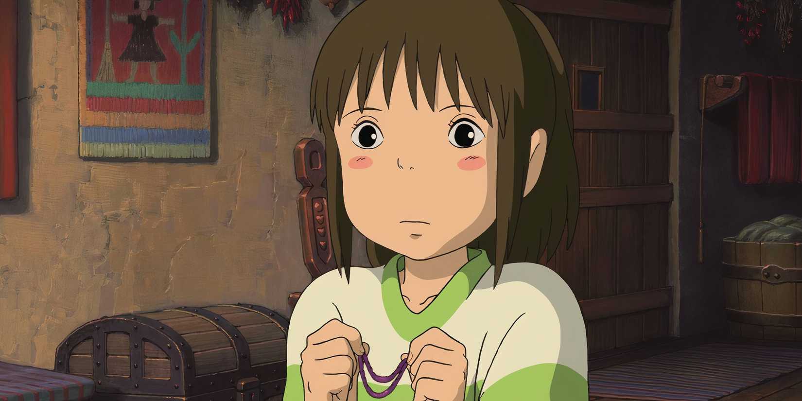 Chihiro holding a hair tie in Spirited Away