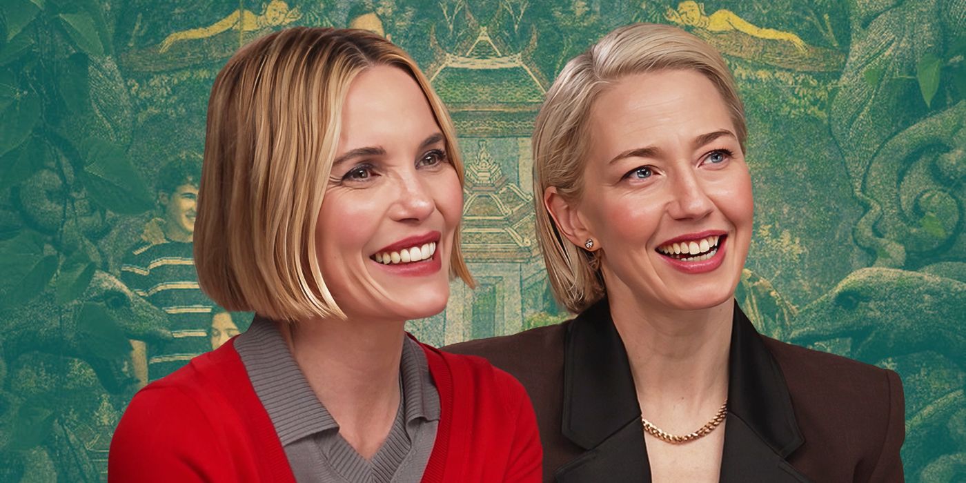 Custom image from NImesh Niyomal Perera of Leslie Bibb and Carrie Coon smiling for The White Lotus Season 3