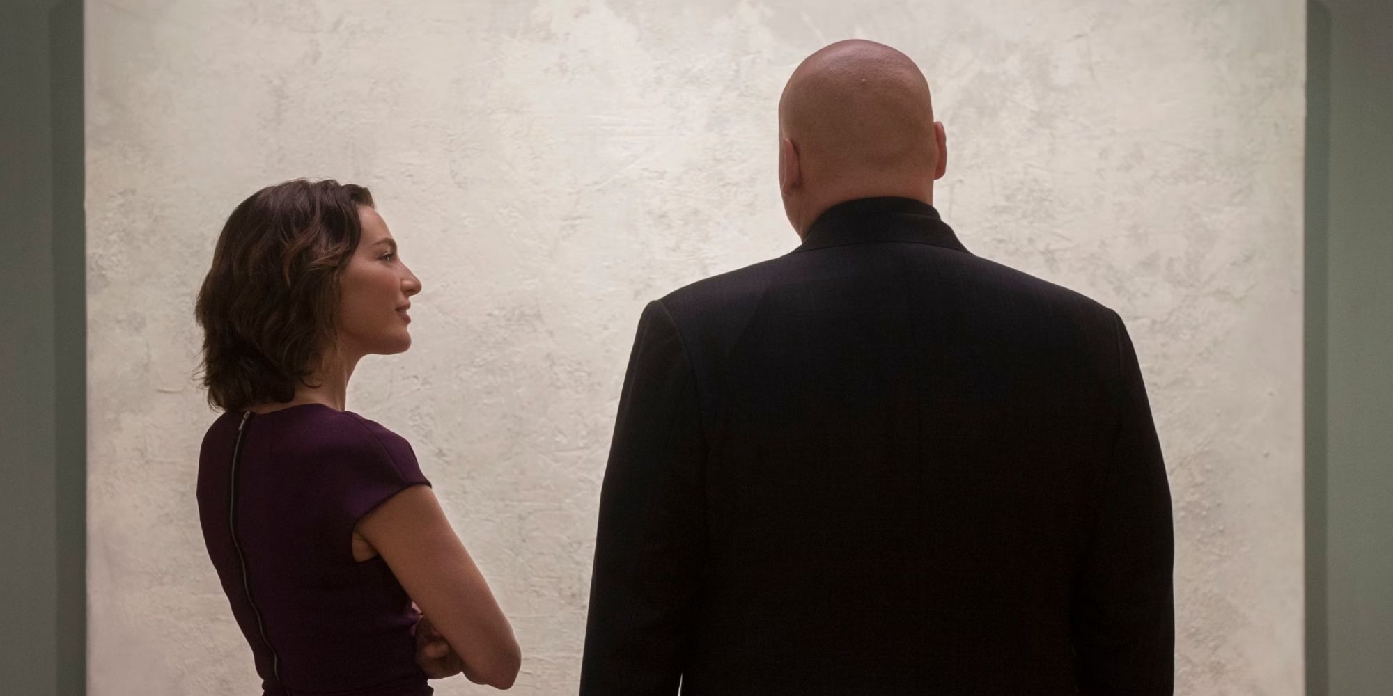 Vincent D&rsquo;Onofrio as Wilson Fisk looks at a white painting as Ayelet Zurer as Vanessa is near in Daredevil.