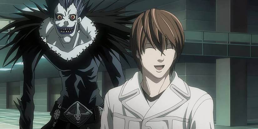 Light and Ryuk grinning in the anime Death Note.