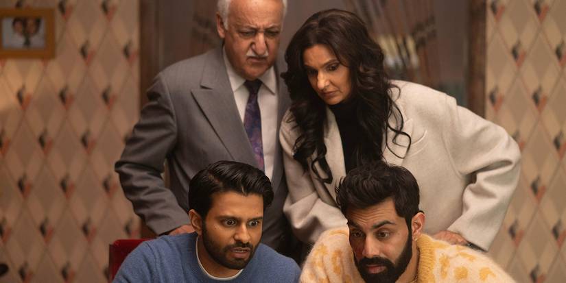 A scene featuring Mir, Raj, Ahmad and Auntie Lucky in 'Deli Boys.'