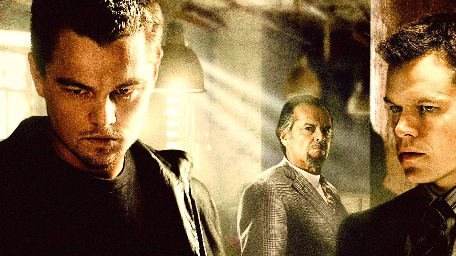 Actors Leonardo DiCaprio, Jack Nicholson and Matt Damon as Billy, Costello and Colin in The Departed.