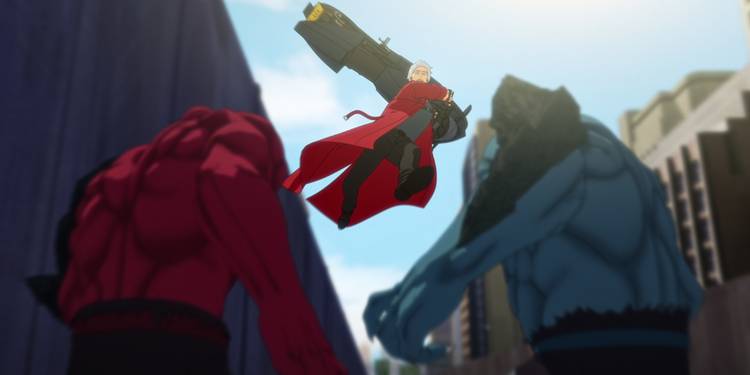 Dante flies through the air ready to hit two demons with a motorcycle in Devil May Cry