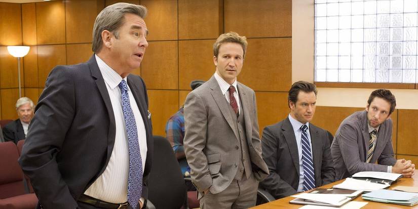 From left to right, Beux Bridges as Leonard Franklin, Breckin Meyer as Jared Franklin, Mark-Paul Gosselaar as Peter Bash, Joel David Moore as Dennis Mazzani at court in Franklin & Bash.