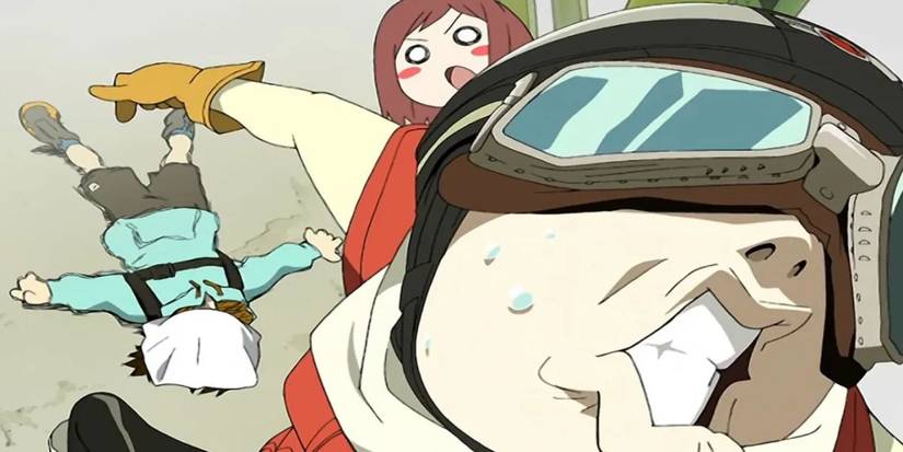 Haruko pointing at a flattened Naota while Mamimi is shocked in FLCL.