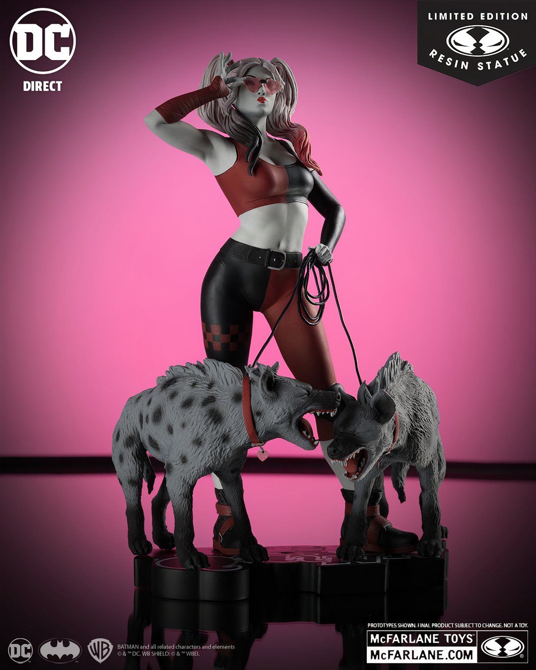 A part of McFarlane&rsquo;s 1:10th scale resin statue series, this “Red, White and Black” Harley Quinn is based on the artwork of Jenny Frison. The villainous queen of Gotham is seen walking her two crazed hyena pets, Bud and Lou. Harley herself is in a classic pigtail style with heart-shaped sunglasses and black and red sports apparel, making the figure pop.