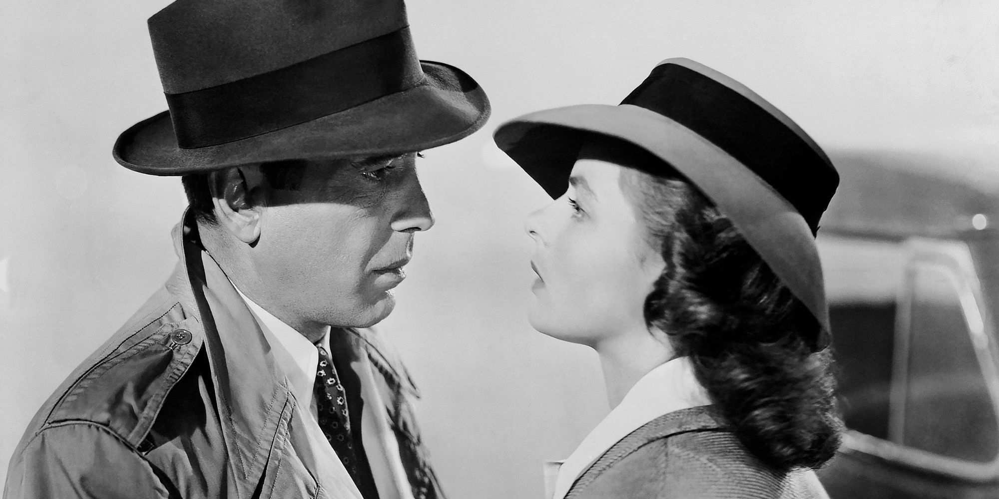 Humphrey Bogart and Ingrid Bergman looking at each other in Casablanca (1942).