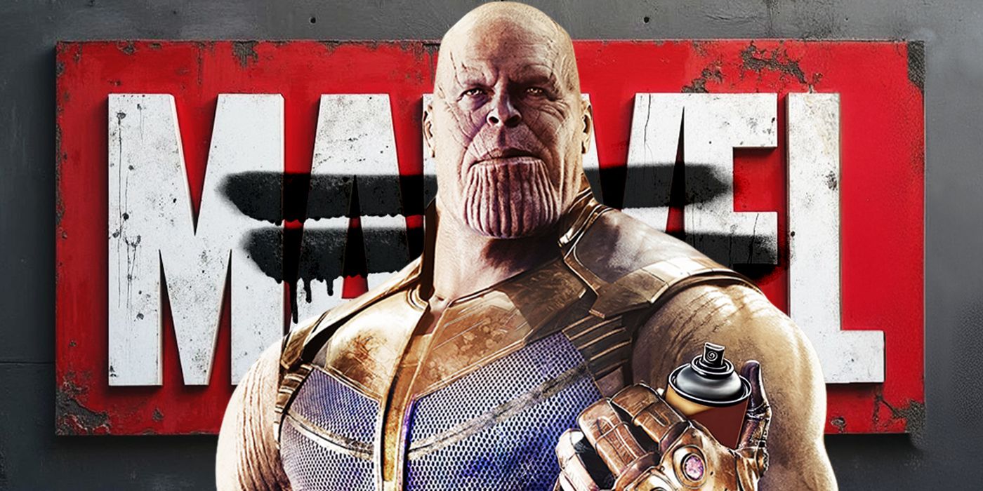 Blended image showing Thanos with a can of spray in front of the Marvel logo