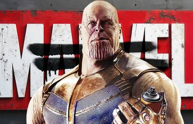 Blended image showing Thanos with a can of spray in front of the Marvel logo