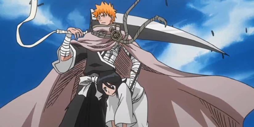 Ichigo holding a giant sword in one hand and Rukia in the other in Bleach