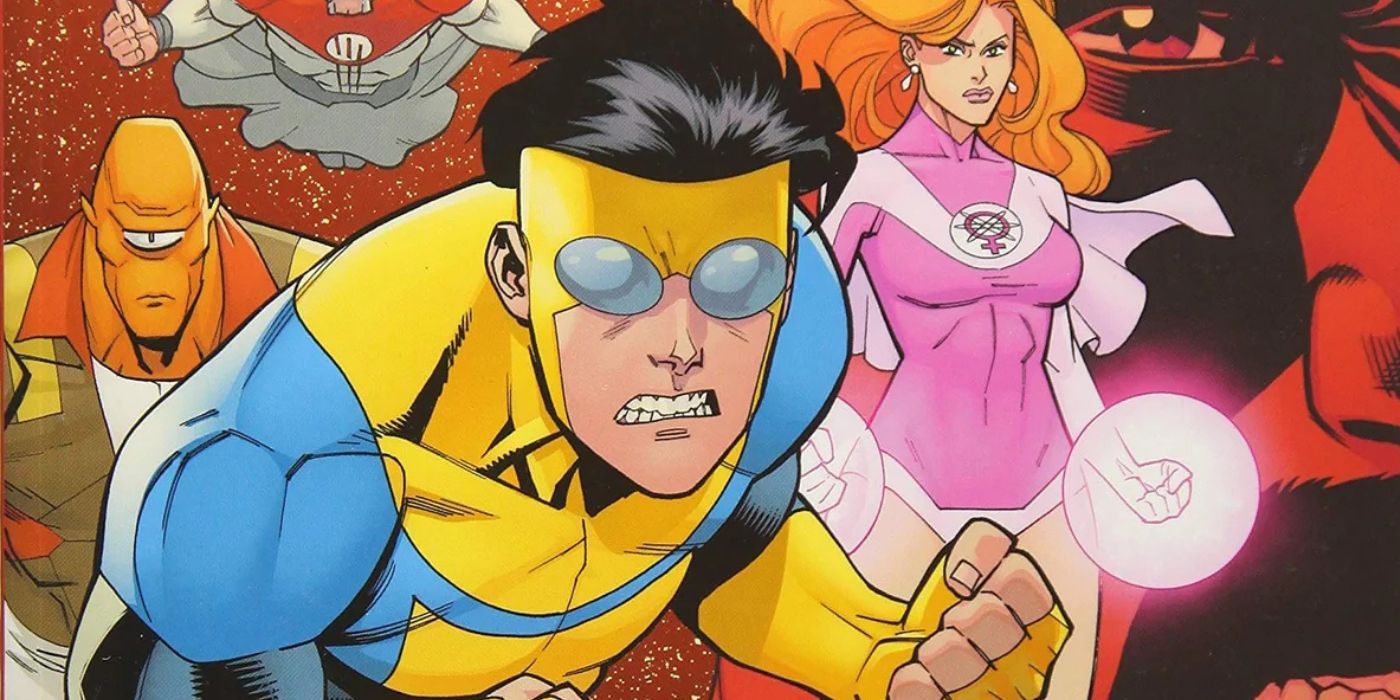 Invincible, Allan, and Atom Eve on a comic cover in Invincible