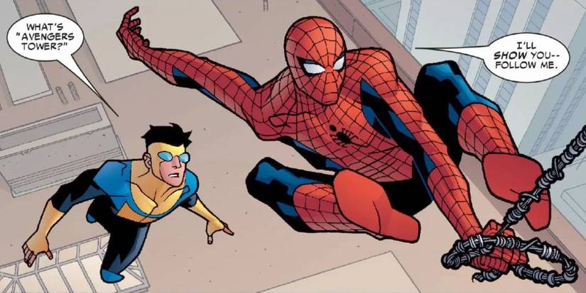 Invincible talking to Spider-Man while following him in Marvel Team-Up comics.