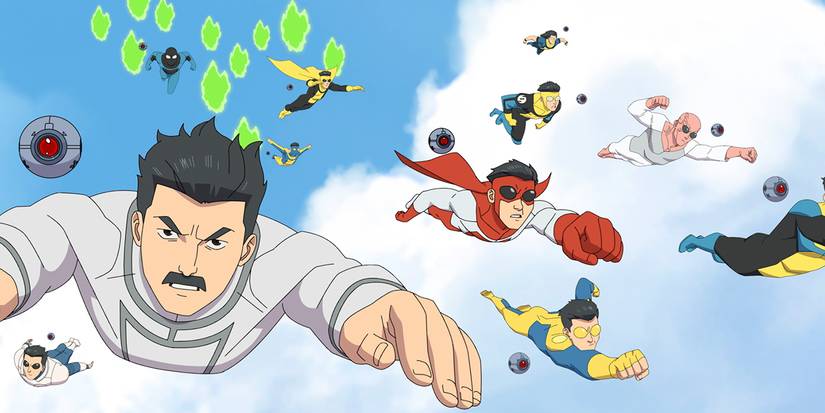 Multiple different versions of Mark flying in the air in Invincible Season 3.