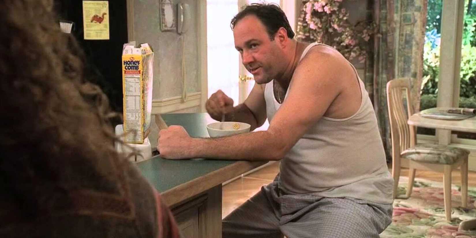 James Gandolfini as Tony Soprano sitting at the kitchen island bar eating cereal in The Sopranos S2, E4.