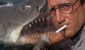 The shark appears as Chief Martin Brody (Roy Scheider) throws chum into the water in 'Jaws'