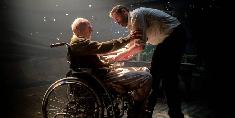 Charles Xavier (Patrick Stewart) in a wheelchair talks to Logan (Hugh Jackman) in Logan.