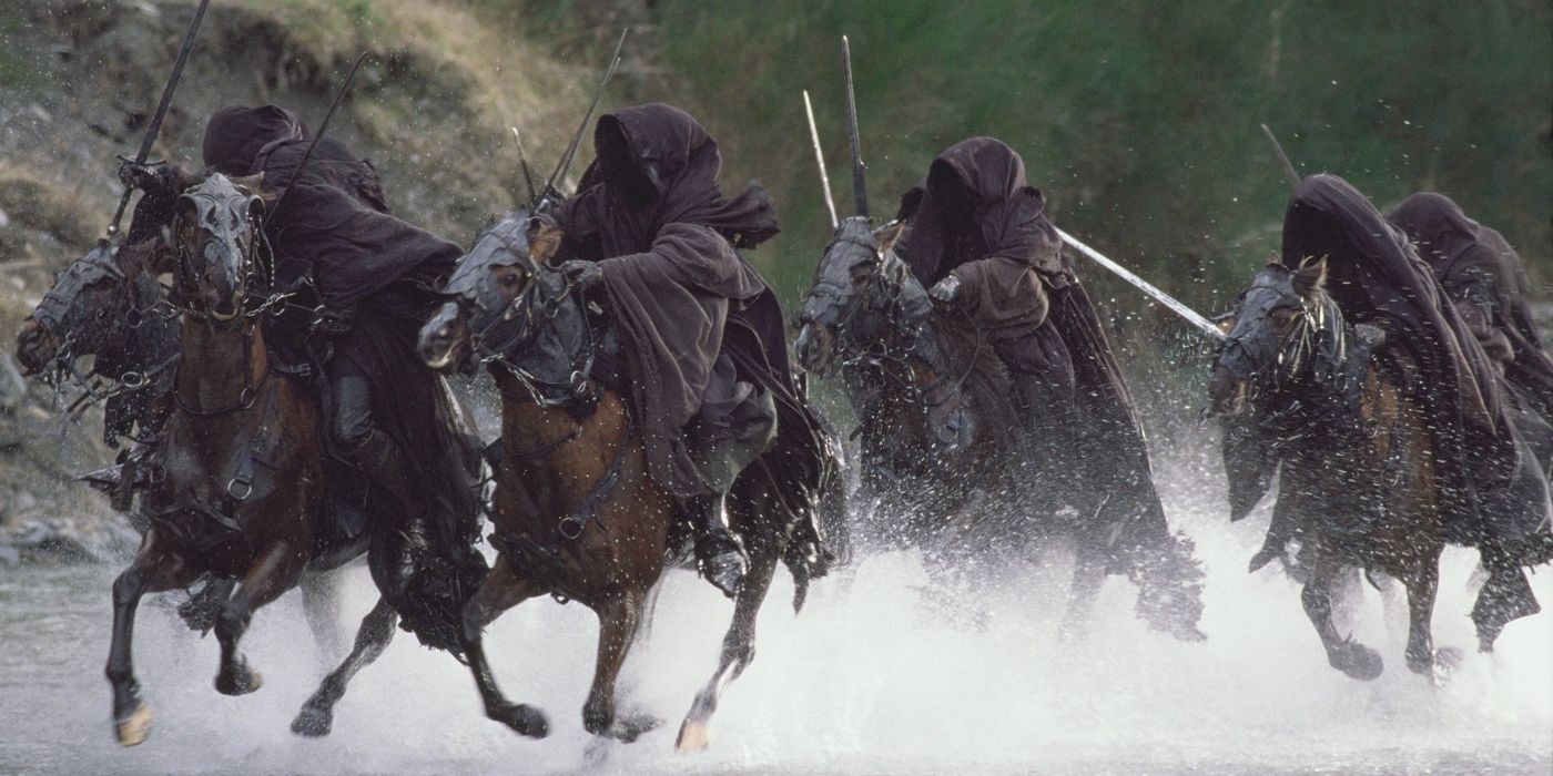 Nine Nazgûl ride together over a river